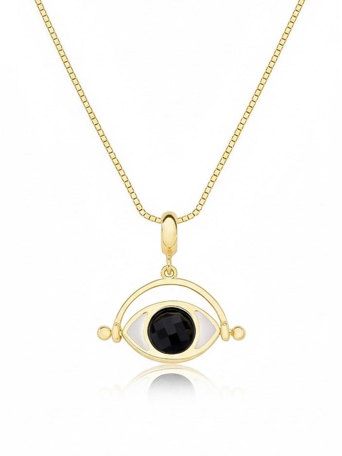Gold necklace with an eye-shaped pendant featuring a black Obsidian gemstone on a white background