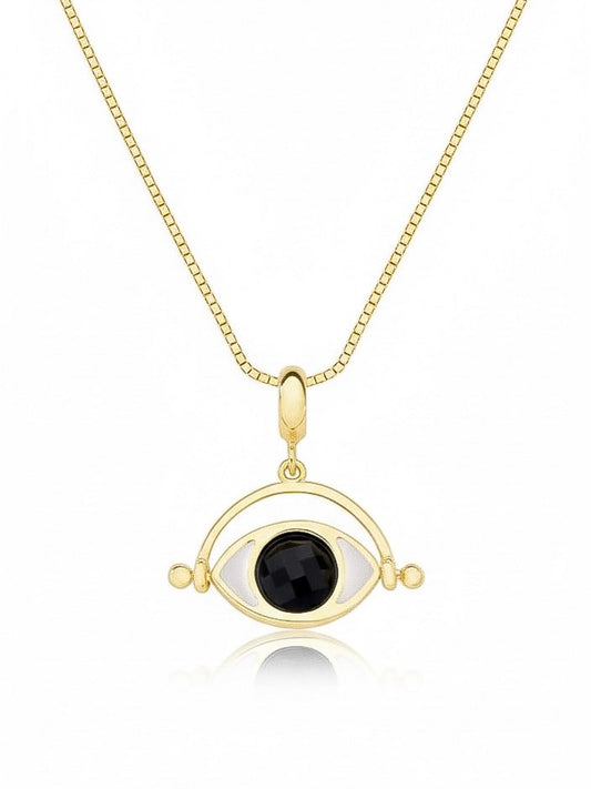 Gold necklace with an eye-shaped pendant featuring a black Obsidian gemstone on a white background