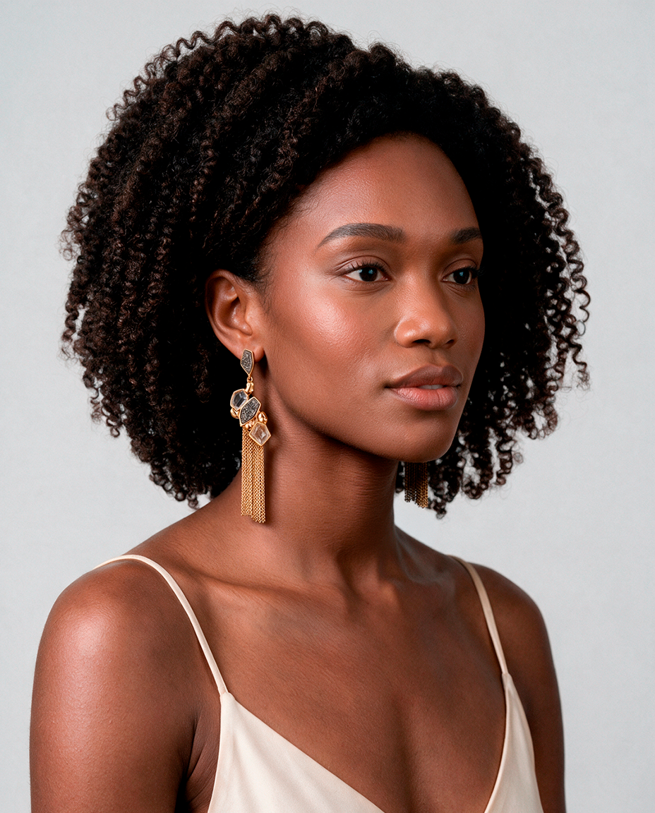 Woman wearing a Natural crystal druzy statement earrings with 18k gold-plated finish, Selva Line by Azulique.