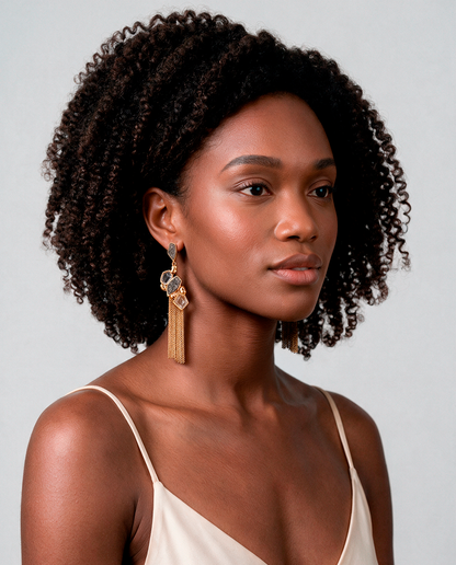 Woman wearing a Natural crystal druzy statement earrings with 18k gold-plated finish, Selva Line by Azulique.
