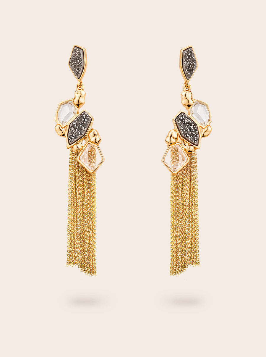 Natural crystal rock and druzy statement earrings with 18k gold-plated finish, Selva Line by Azulique.