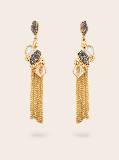 Natural crystal rock and druzy statement earrings with 18k gold-plated finish, Selva Line by Azulique.