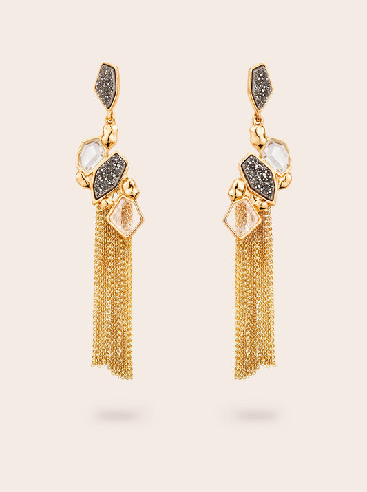 Natural crystal rock and druzy statement earrings with 18k gold-plated finish, Selva Line by Azulique.