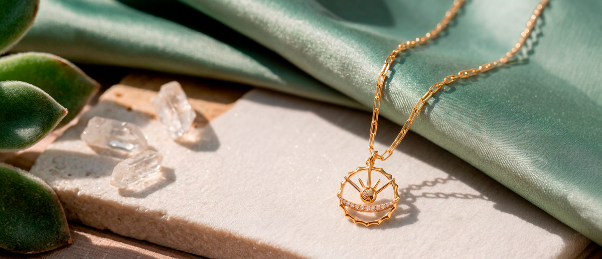 Crystal gold pendant necklace with 18k gold-plated finish, Azulique Line by Azulique.

