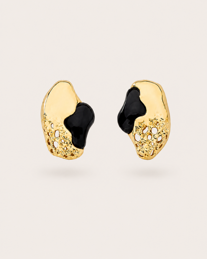 gold-plated black obsidian earrings with asymmetric sculptural silhouette