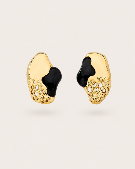 gold-plated black obsidian earrings with asymmetric sculptural silhouette