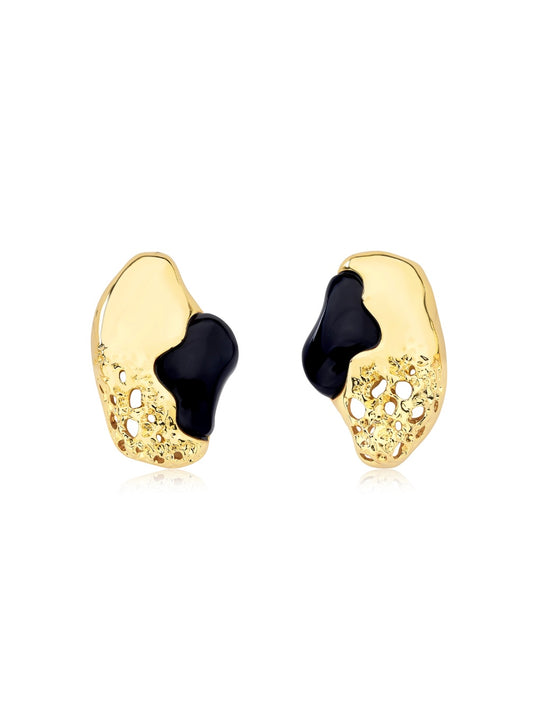 gold-plated black obsidian earrings with asymmetric sculptural silhouette