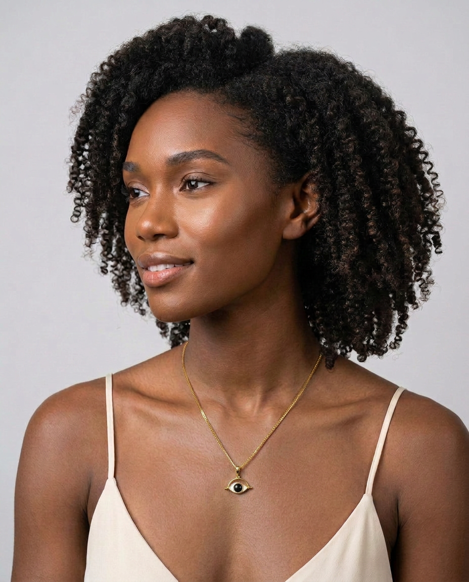 Woman wearing black obsidian pendant necklace with 18k gold-plated finish, Selva Line by Azulique.
