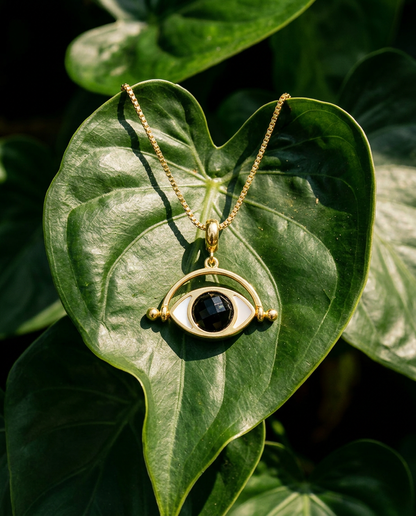 Black obsidian pendant necklace with 18k gold-plated finish, Selva Line by Azulique.