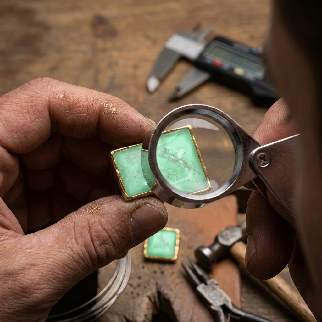 Brazilian aquamarine square earring being evaluated for quality standards, Selva Line by Azulique.