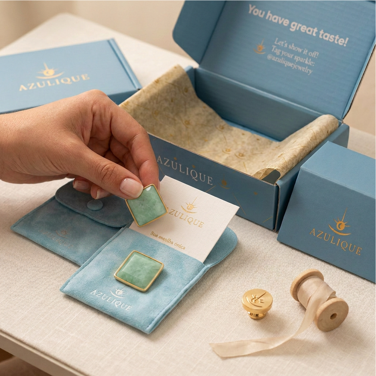 Brazilian aquamarine square earrings displayed alongside Azulique gift box and pouch, Selva Line by Azulique.