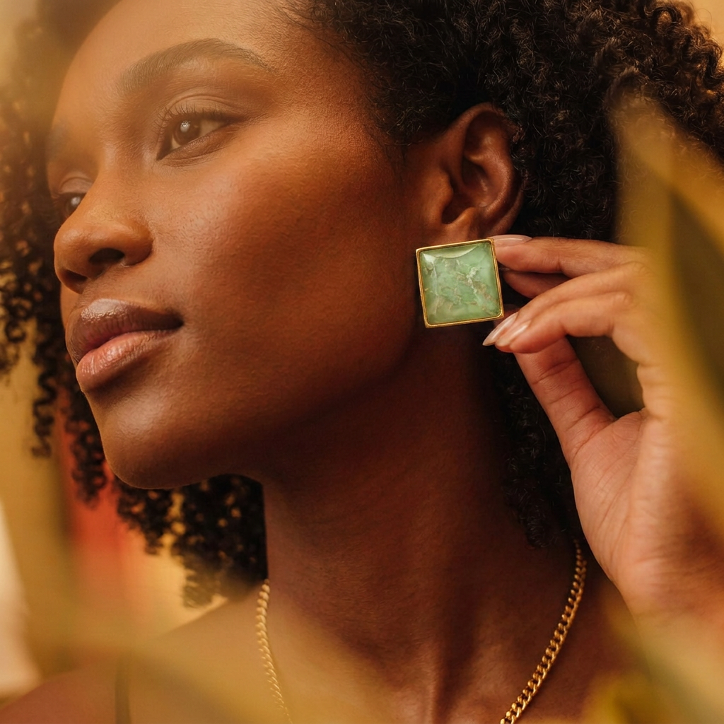 Brazilian aquamarine square earring worn close to the ear, Selva Line by Azulique.