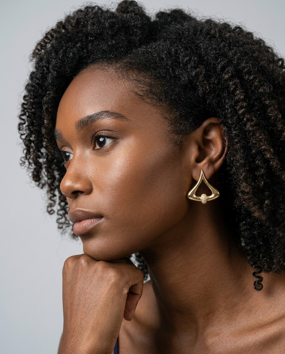Gold statement earrings with a cut crystal pavé detail, worn by a woman