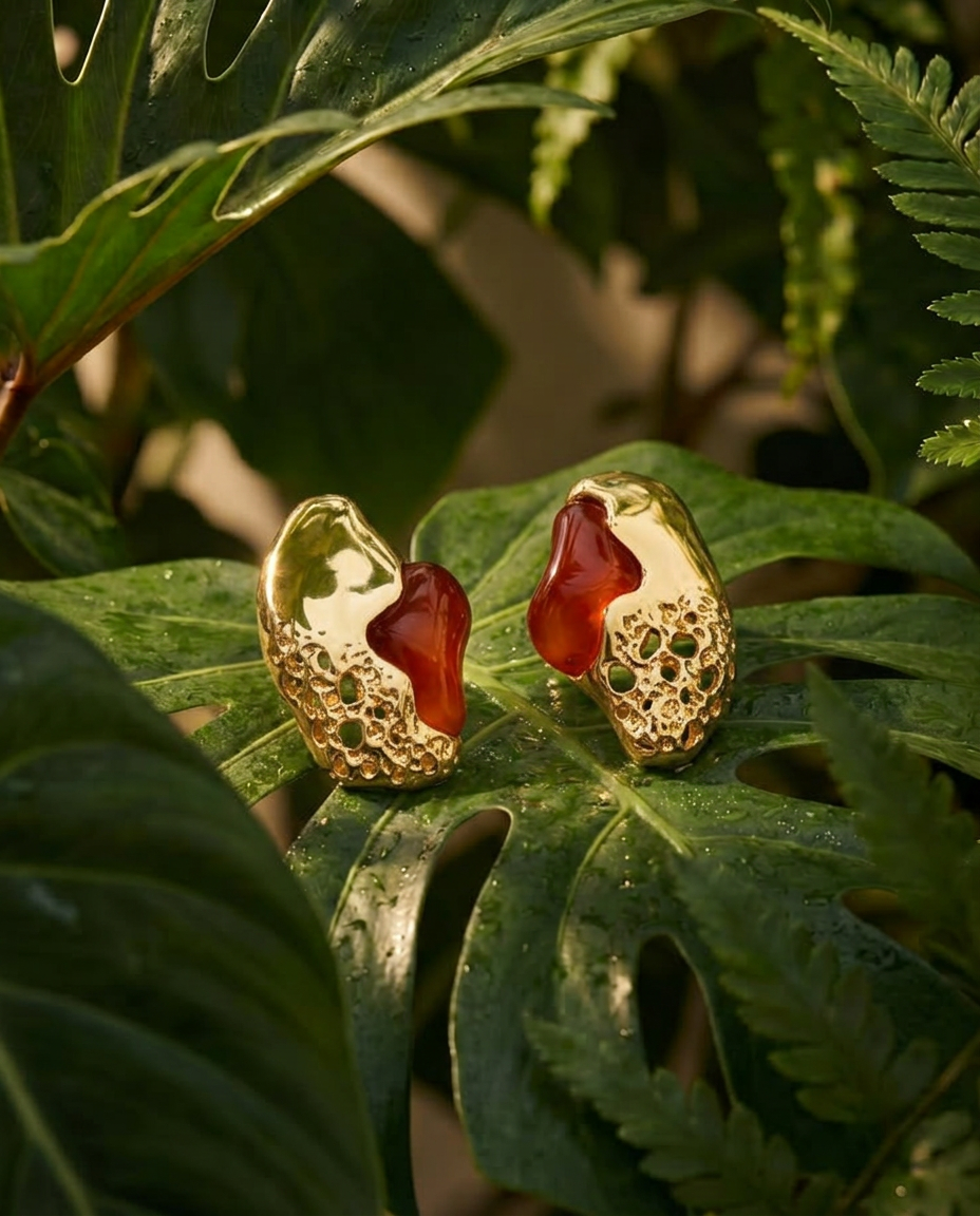 Crimson red agate and textured gold Luxor statement stud earrings.