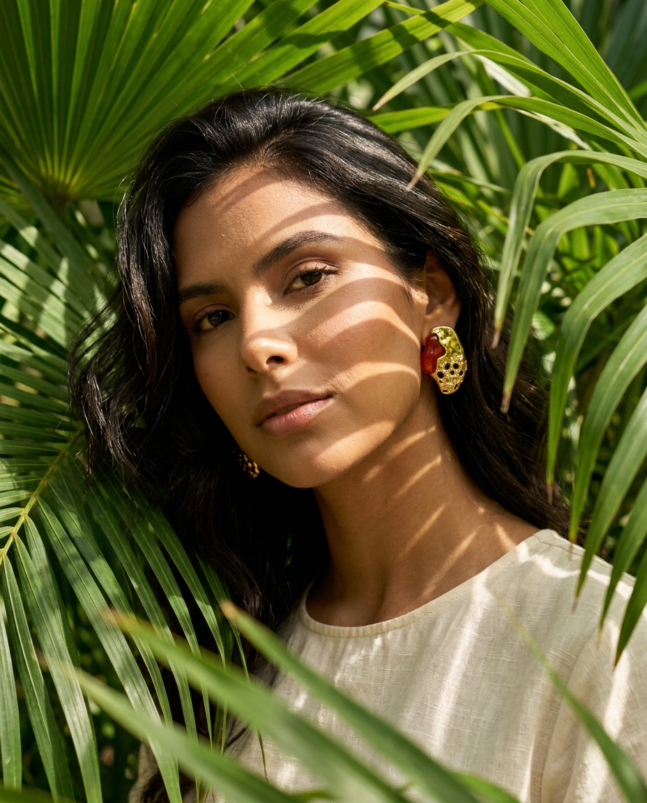 woman wearing a Crimson red agate and textured gold Luxor statement stud earrings.