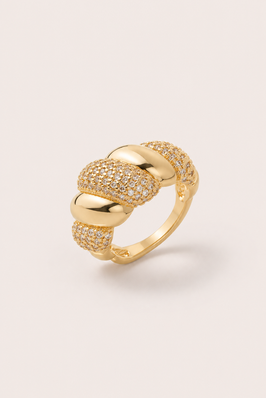Cut crystal dome ring with polished gold-plated segments alternating with pavé crystals, Croissant Ring by Azulique.