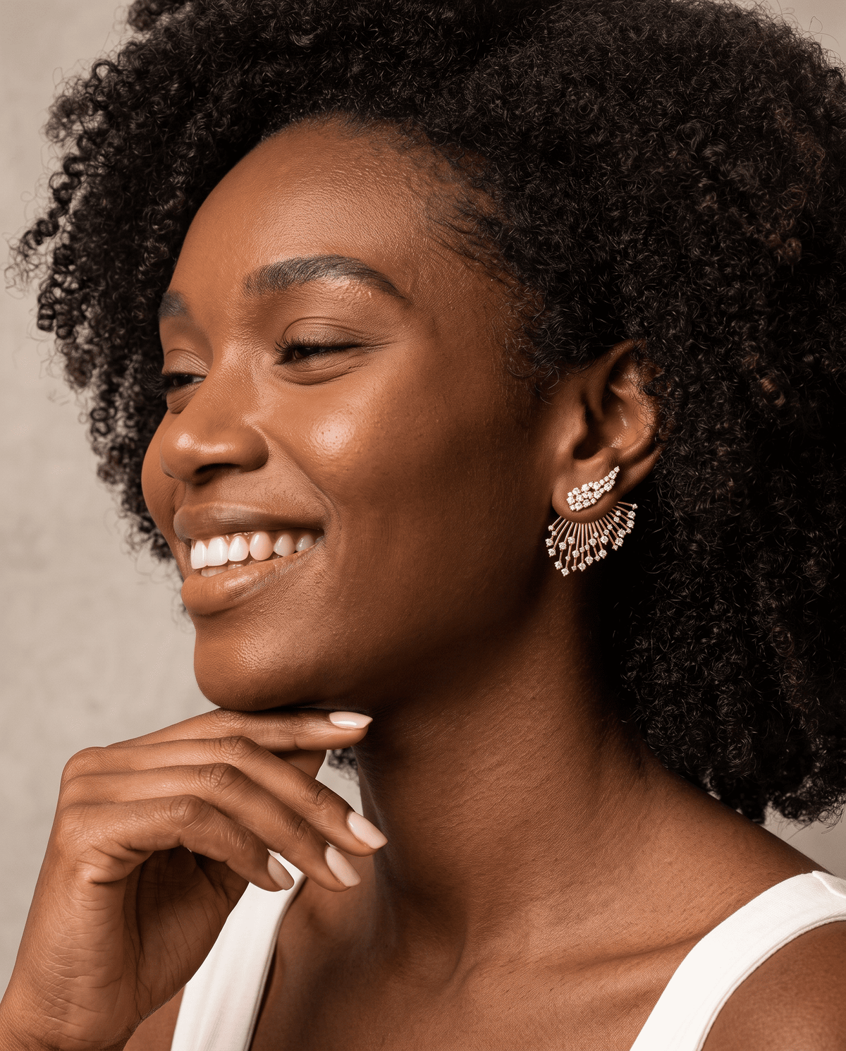 woman wearing Cut crystal ear jacket earrings with 18k gold-plated finish, Art Deco Line by Azulique