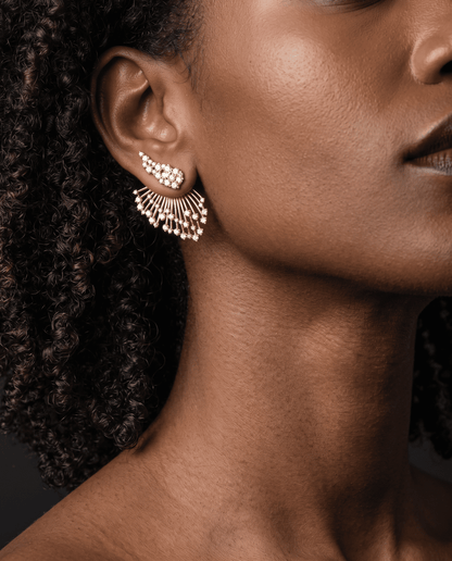 woman wearing ear jacket earrings with 18k gold-plated finish, Art Deco Line by Azulique