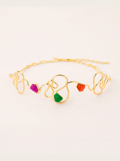 Ginga Vivid Choker necklace with flowing gold-toned curves and pink, green and orange feldspar.