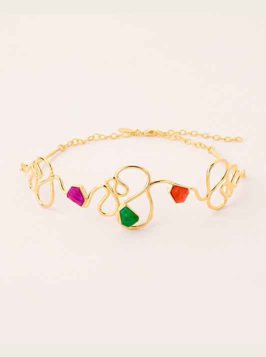 Ginga Vivid Choker necklace with flowing gold-toned curves and pink, green and orange feldspar.