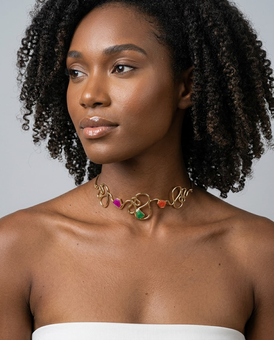 Brazilian feldspar statement necklace with 18k gold-plated finish, Selva Line by Azulique.