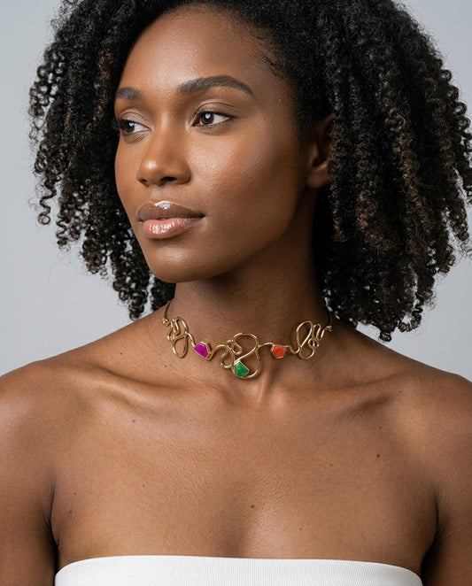 Brazilian feldspar statement necklace with 18k gold-plated finish, Selva Line by Azulique.