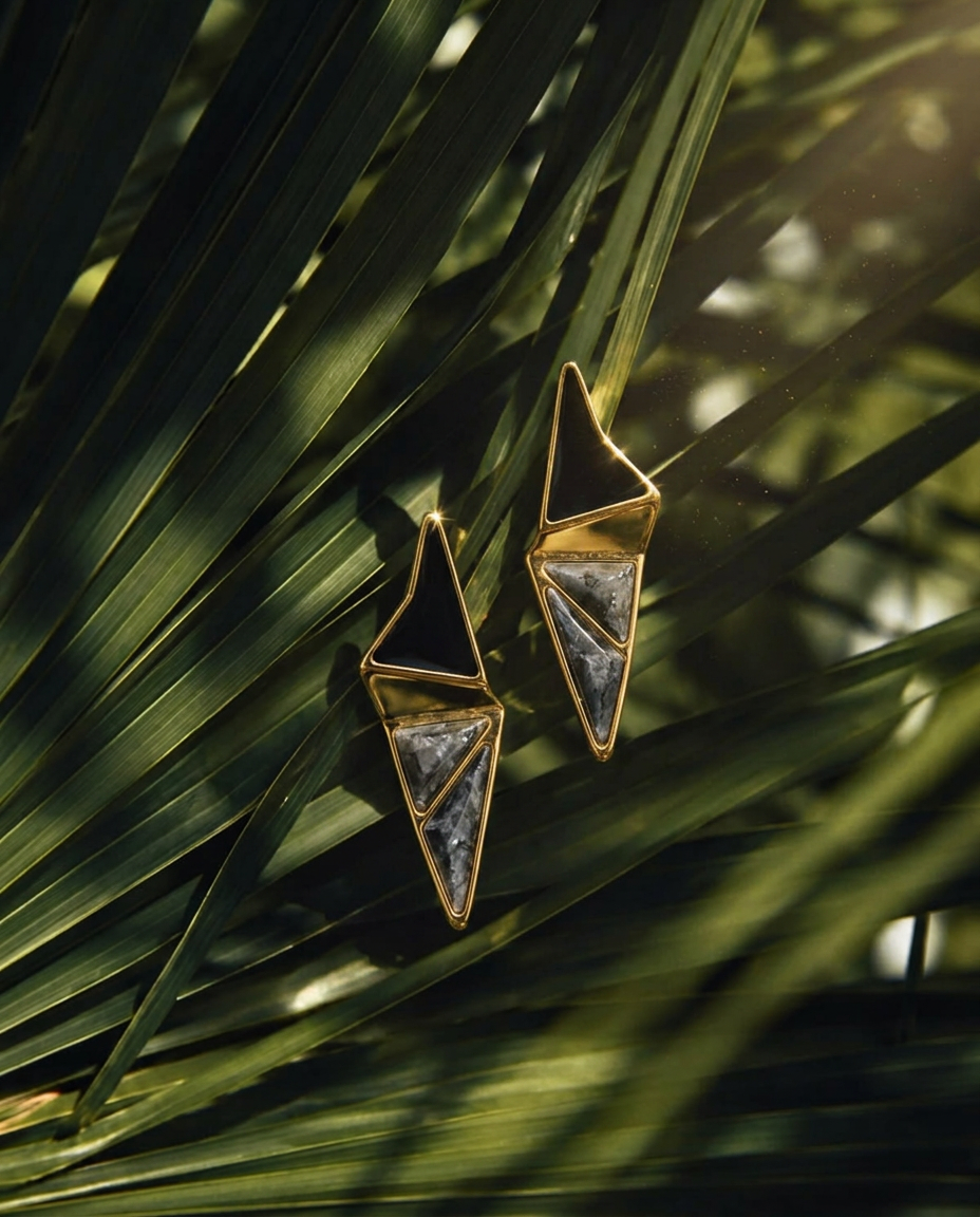 Labradorite statement earrings with 18k gold-plated finish, Selva Line by Azulique.