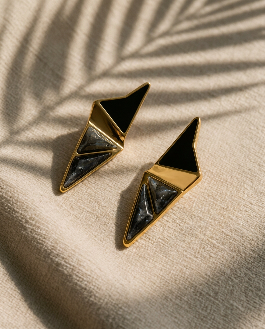 Labradorite statement earrings with 18k gold-plated finish, Selva Line by Azulique.