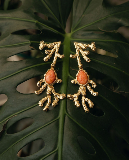 Orange calcite sculptural earrings with 18k gold-plated finish, Selva Line by Azulique.