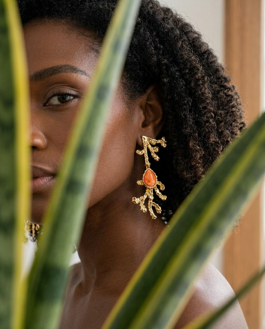 Model wearing orange calcite sculptural earrings with 18k gold-plated finish, Selva Line by Azulique.