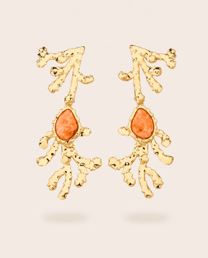 Orange calcite sculptural earrings with 18k gold-plated coral design, Selva Line by Azulique.
