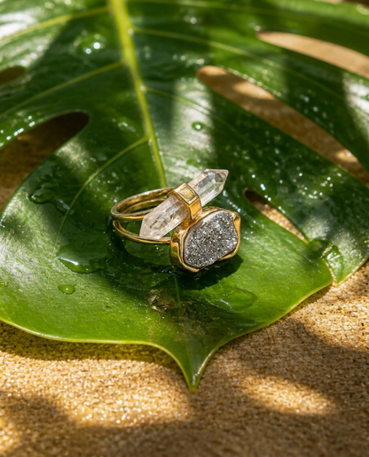 Platinum druzy and crystal rock statement ring with 18k gold-plated finish, Selva Line by Azulique.

