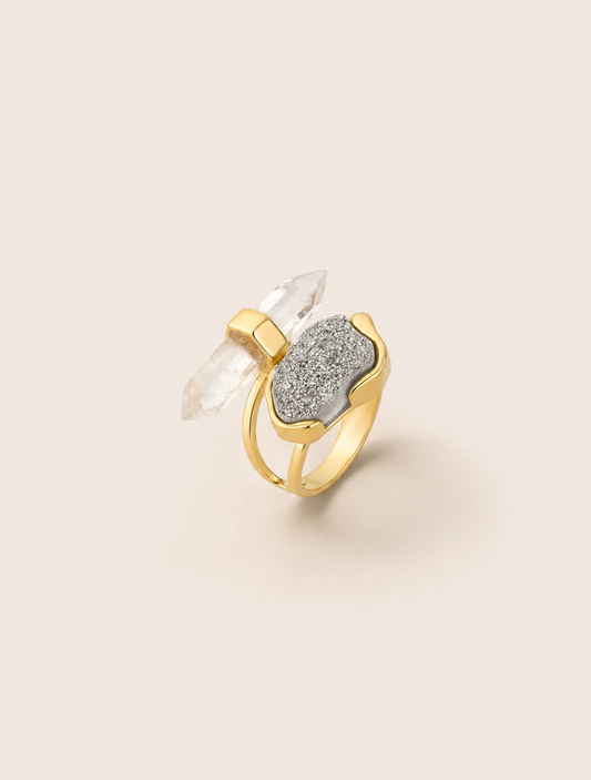 Platinum druzy and crystal rock statement ring with 18k gold-plated finish, Selva Line by Azulique.